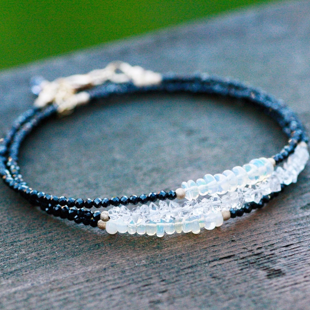 Black Spinel Opal, Herkimer Diamond Wrap Bracelet | Necklace 14k Gold Filled